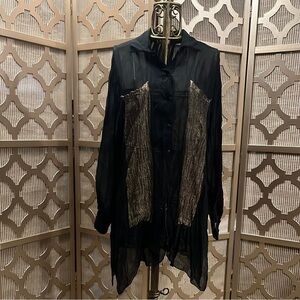 Black Sheet Button Up with Long Gold Pockets